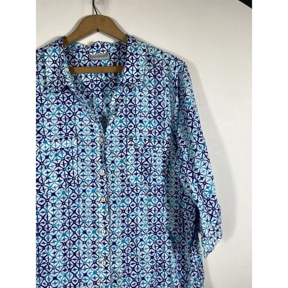Catherines Top Size 1X Button Up Blue & White Print Coastal Beachy Blouse Mature - Picture 8 of 14